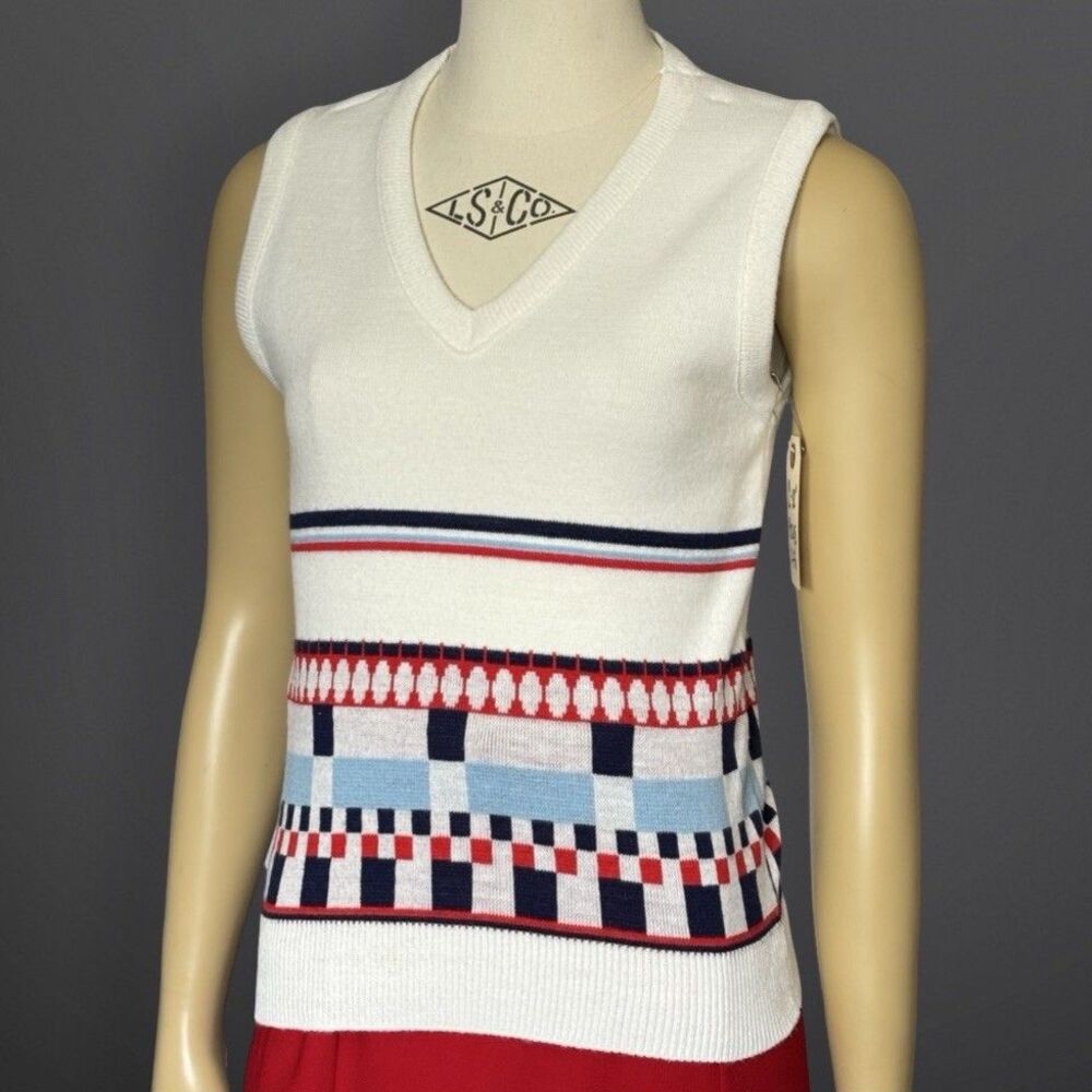 Sexy Cream Knit Sweater Vest V-Neck Mod Nautical Stripe Sony Pictures VNTG 70s